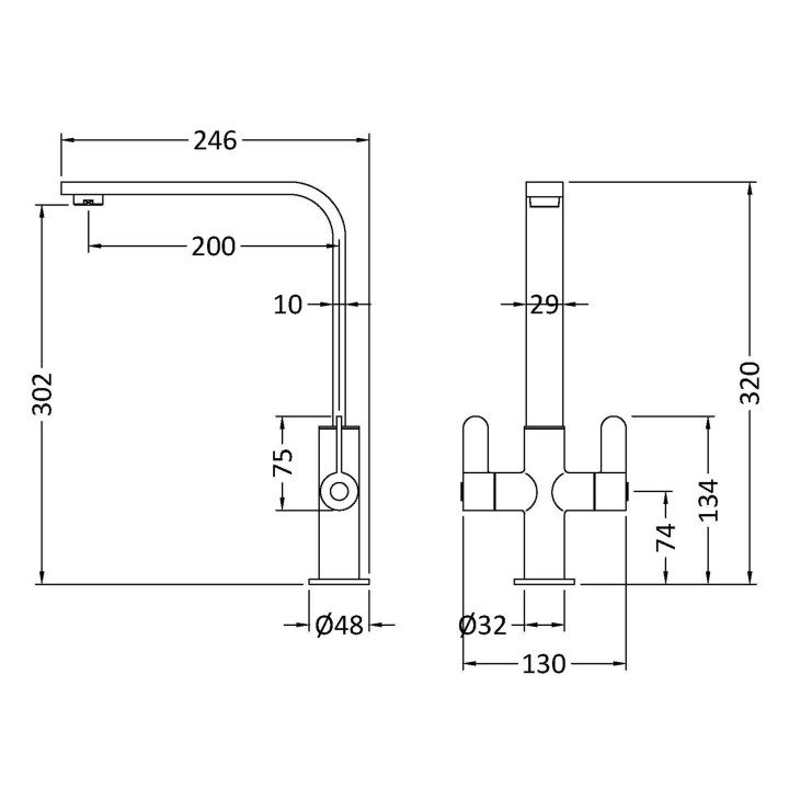 Churni Mono Basin Twin Lever Square Basin Tap - Matt Black - Technical Drawing
