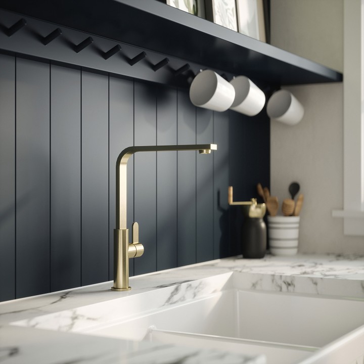 Churni Mono Basin Single Lever Square Basin Tap - Brushed Brass - Insitu