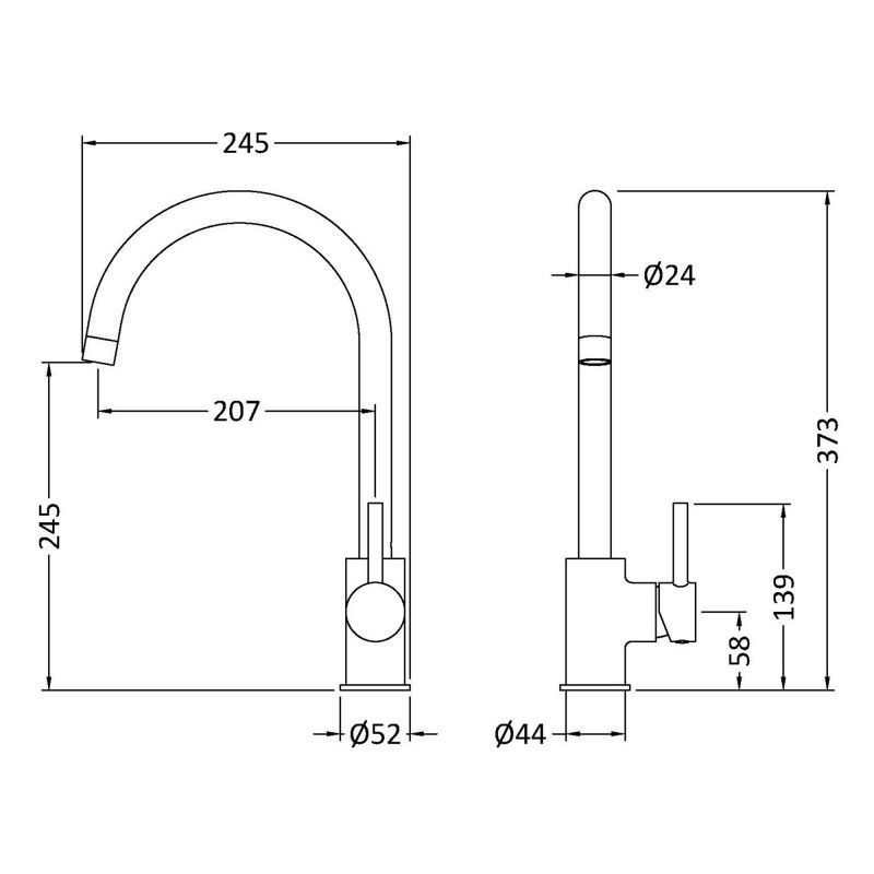 Lachen Mono Basin Single Lever Round Basin Tap - Chrome - Technical Drawing