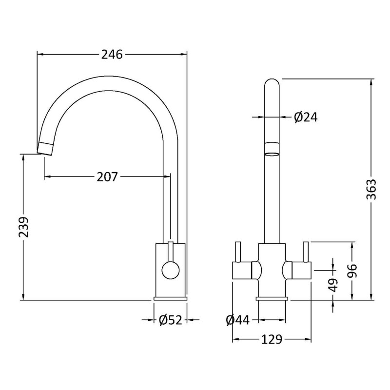 Lachen Mono Basin Twin Lever Round Basin Tap - Matt Black - Technical Drawing