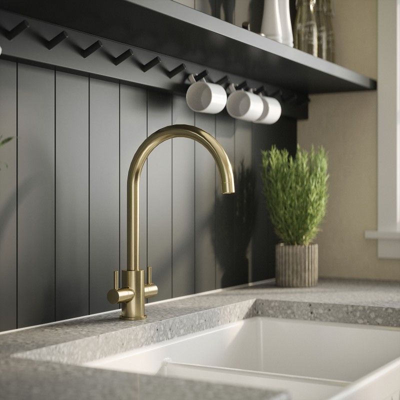 Lachen Mono Basin Twin Lever Round Basin Tap - Brushed Brass - Insitu