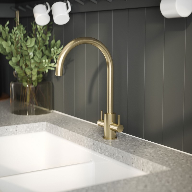 Lachen Mono Basin Twin Lever Round Basin Tap - Brushed Brass - Insitu