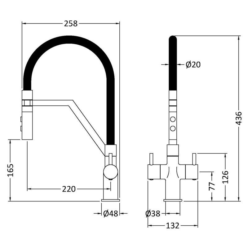 Ravi Mono Basin Twin Lever Round Basin Tap & Rinser - Matt Black - Technical Drawing