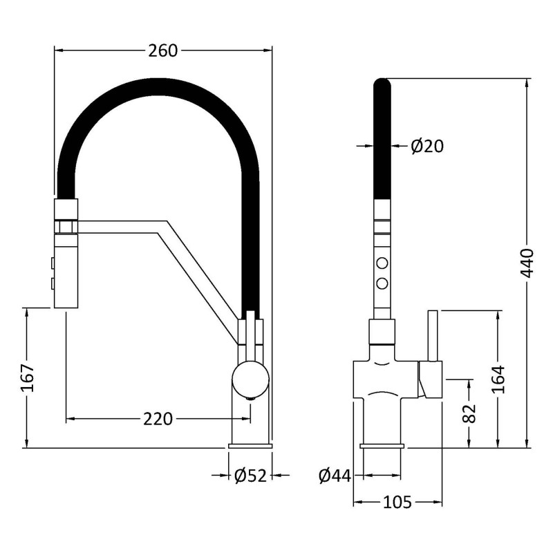 Ravi Mono Basin Single Lever Round Basin Tap & Rinser - Brushed Nickel - Technical Drawing