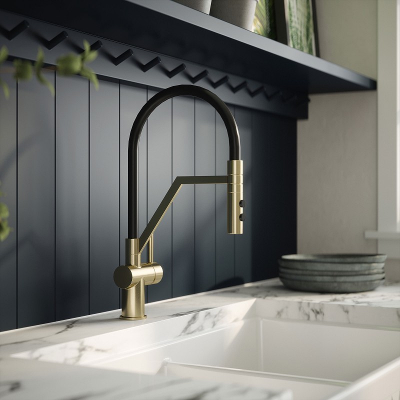 Ravi Mono Basin Single Lever Round Basin Tap & Rinser - Brushed Brass - Insitu