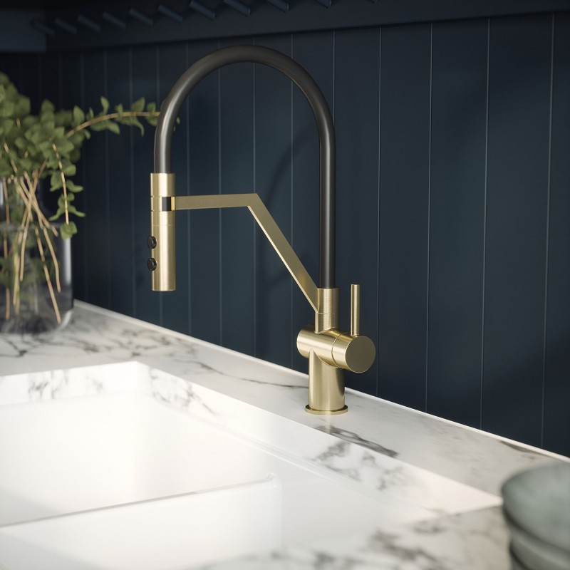 Ravi Mono Basin Single Lever Round Basin Tap & Rinser - Brushed Brass - Insitu