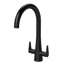 Samir Mono Basin Twin Lever Round Basin Tap & Rinser - Matt Black