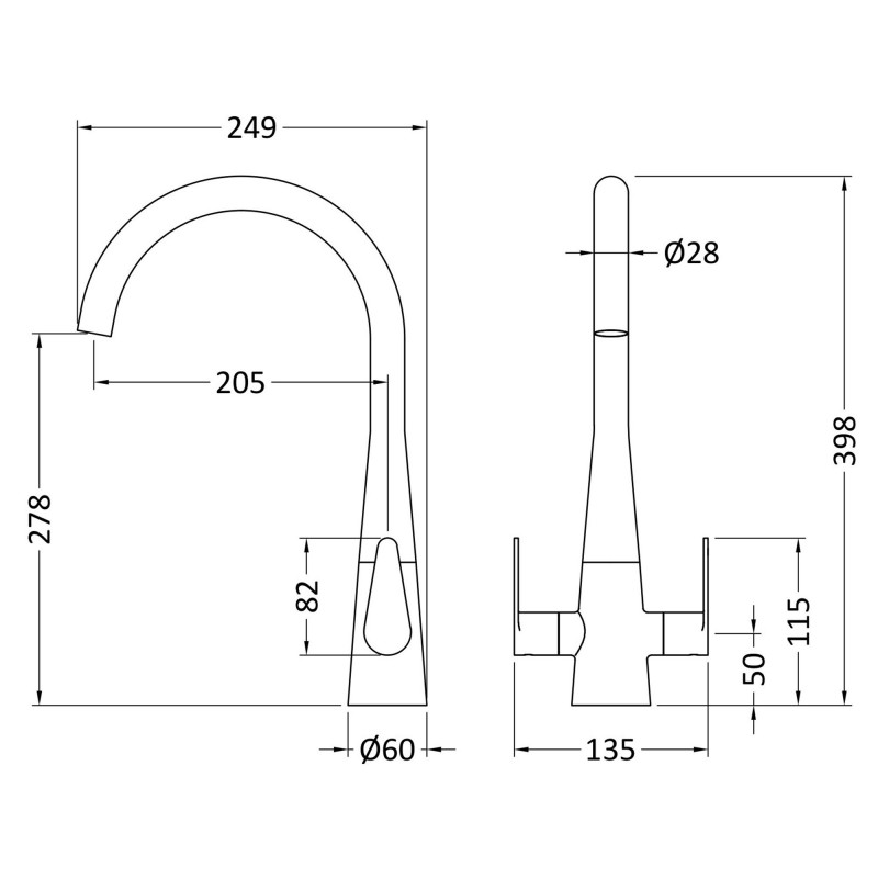 Samir Mono Basin Twin Lever Round Basin Tap & Rinser - Matt Black - Technical Drawing