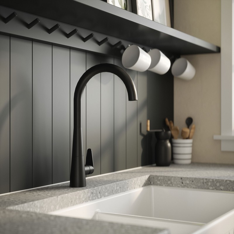 Samir Mono Basin Single Lever Round Basin Tap & Rinser - Matt Black - Insitu