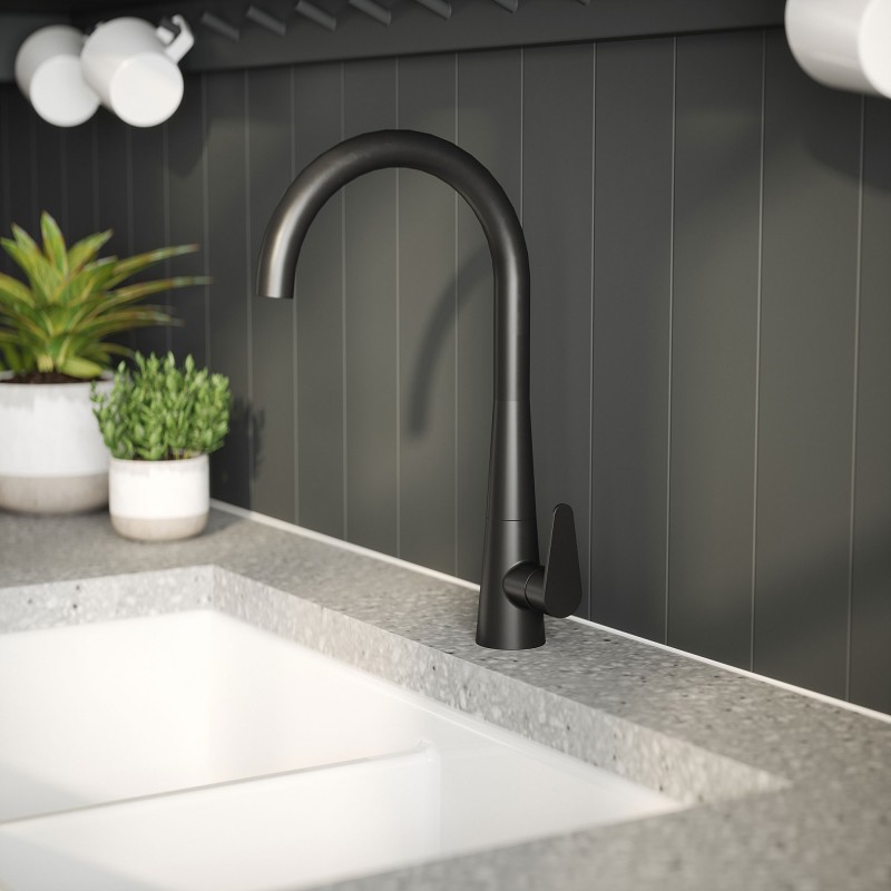 Samir Mono Basin Single Lever Round Basin Tap & Rinser - Matt Black - Insitu