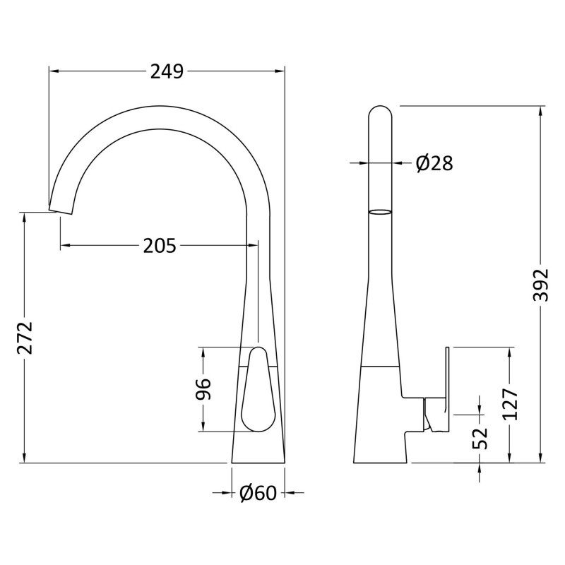 Samir Mono Basin Single Lever Round Basin Tap & Rinser - Matt Black - Technical Drawing