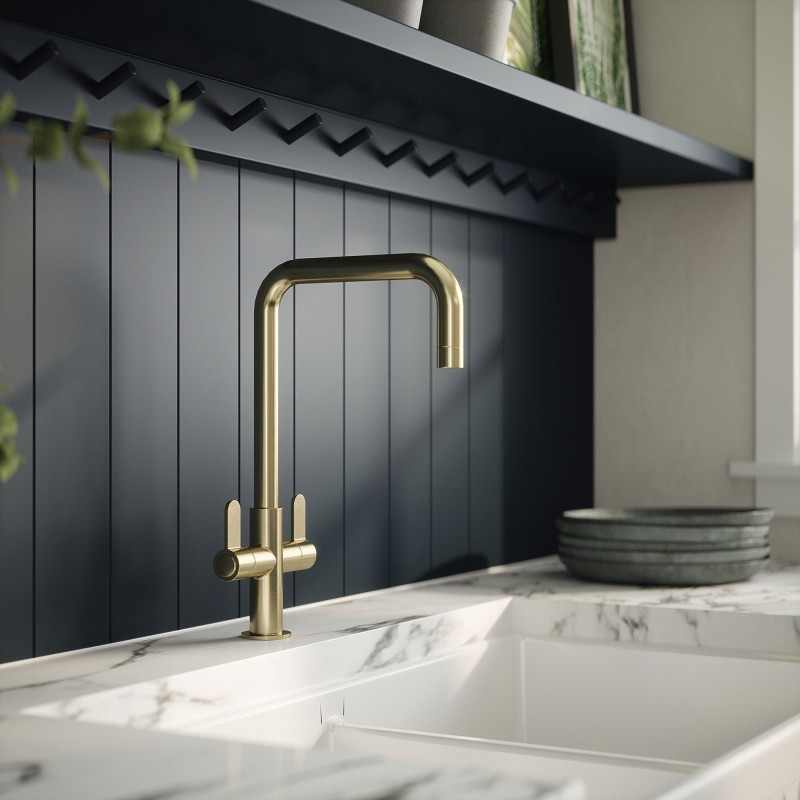 Samir Mono Basin Twin Lever Round Basin Tap & Rinser - Brushed Brass - Insitu