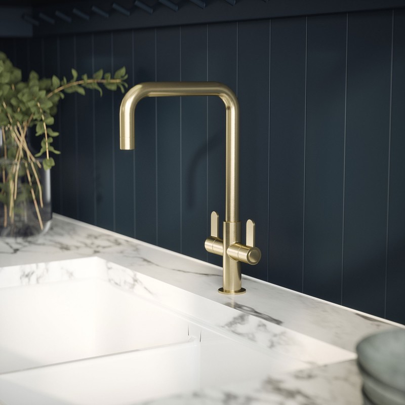 Samir Mono Basin Twin Lever Round Basin Tap & Rinser - Brushed Brass - Insitu