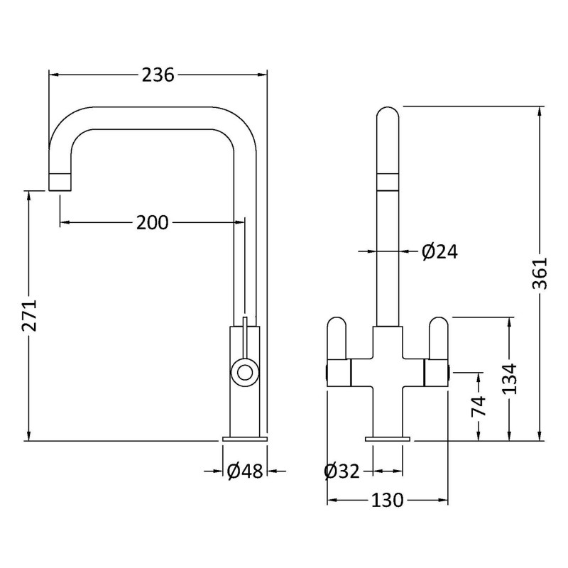 Kosi Mono Basin Twin Lever Square Basin Tap & Rinser - Chrome - Technical Drawing