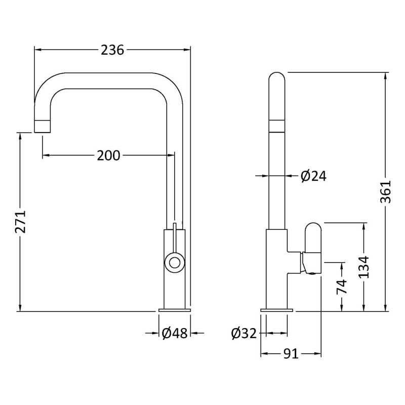 Kosi Mono Basin Single Lever Square Basin Tap & Rinser - Chrome - Technical Drawing