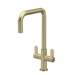 Kosi Mono Basin Twin Lever Square Basin Tap & Rinser - Brushed Brass