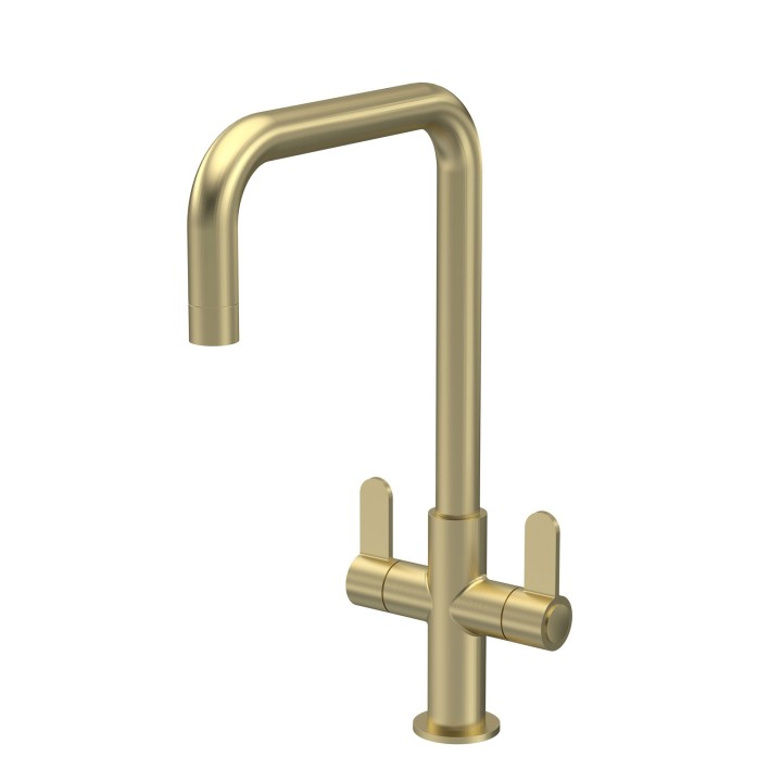 Kosi Mono Basin Twin Lever Square Basin Tap & Rinser - Brushed Brass
