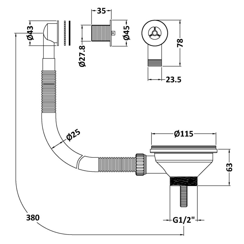 Fireclay Sinks Pull Out Basket Strainer Waste with Overflow, 90mm - Brushed Pewter - Technical Drawing