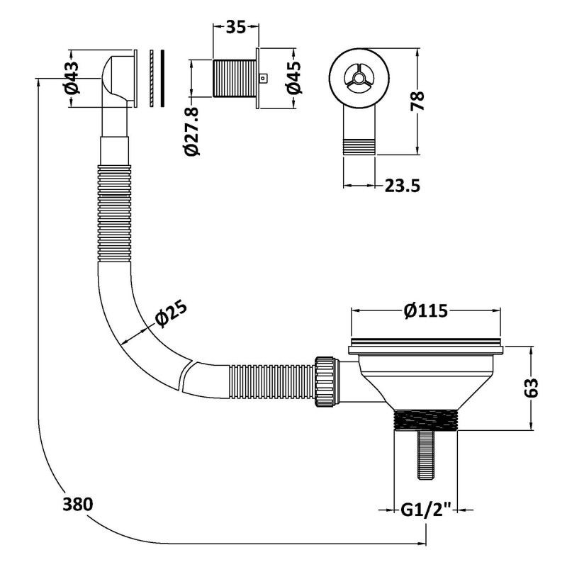 Fireclay Sinks Pull Out Basket Strainer Waste with Overflow, 90mm - Brushed Brass - Technical Drawing