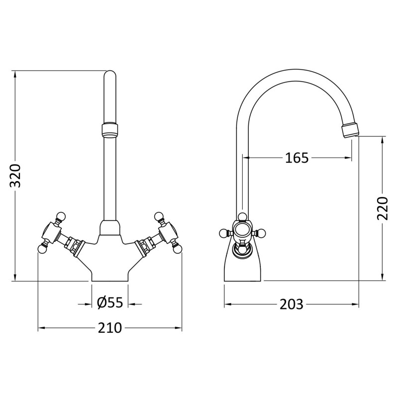 Traditional 1 Tap Hole Mono Sink Mixer Tap with Crosshead Handles - Chrome - Technical Drawing