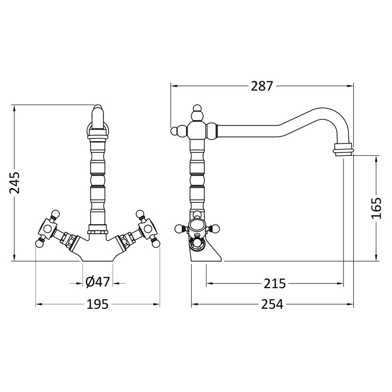 Traditional French Classic Mono Sink Mixer Tap with Crosshead Handles - Chrome - Technical Drawing