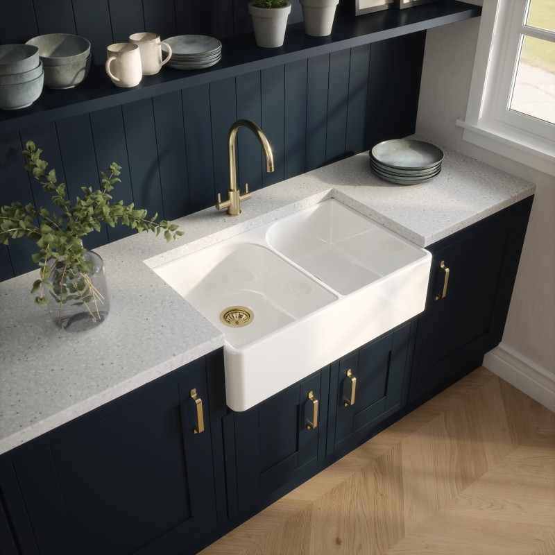 Fireclay Butler Sink 2 Bowl with Flush Weir 795 x 500 x 220mm - Insitu