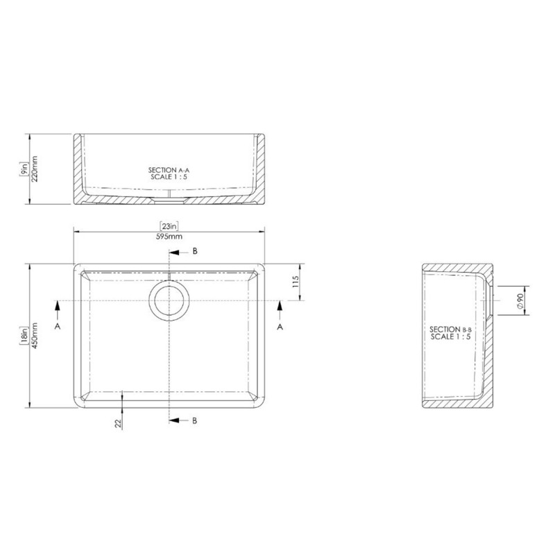 Fireclay Butler Sink 595 x 450 x 220mm - Technical