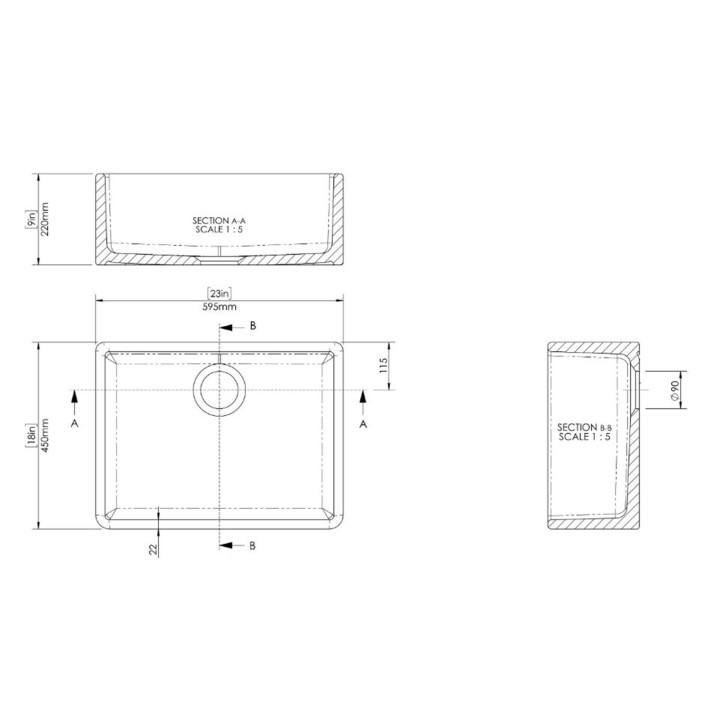 Fireclay Butler Sink 595 x 450 x 220mm - Technical