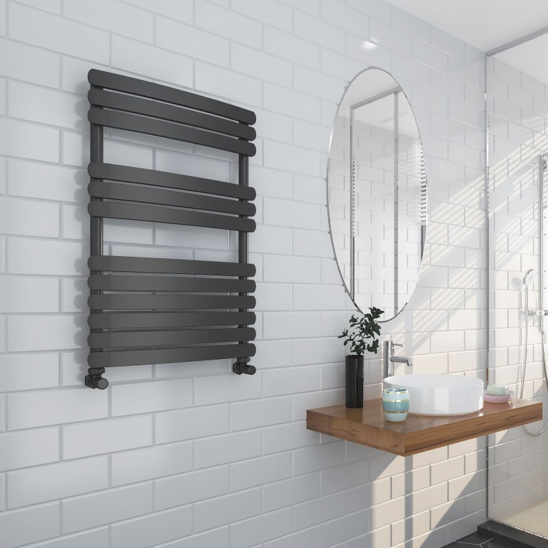 500mm (w) x 800mm (h) "Castell" Black Heated Towel Rail - Insitu