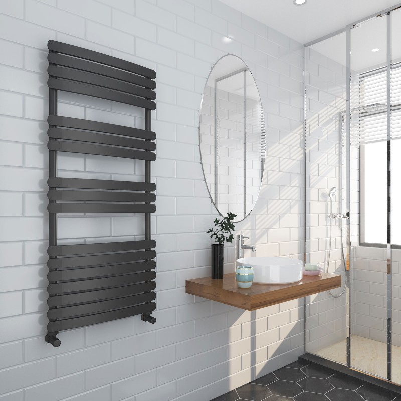 500mm (w) x 1200mm (h) "Castell" Black Heated Towel Rail - Insitu