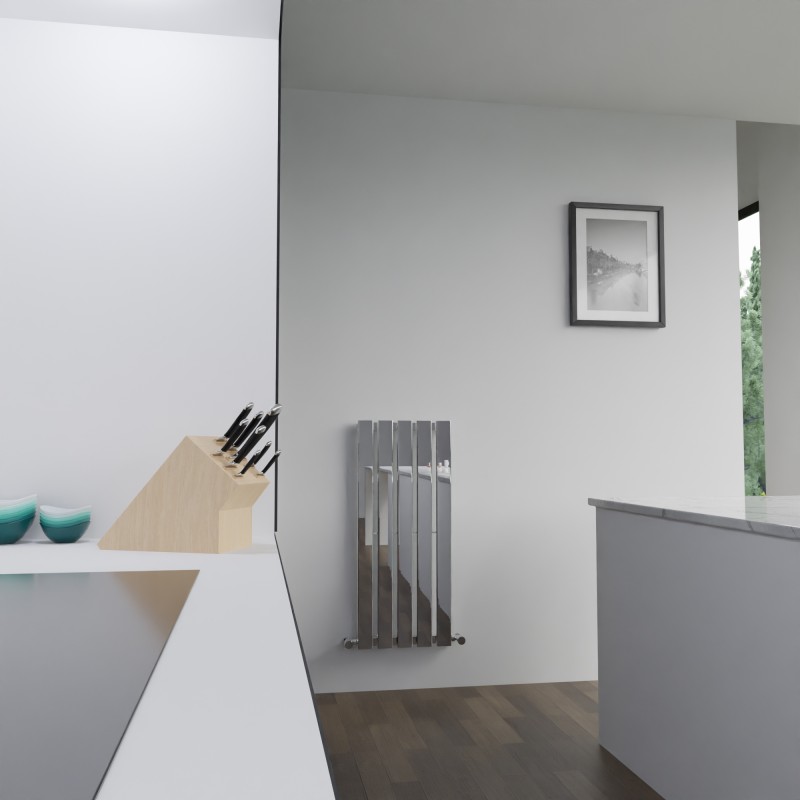 360mm (w) x 850mm (h) Corwen Chrome Vertical Radiator - Insitu