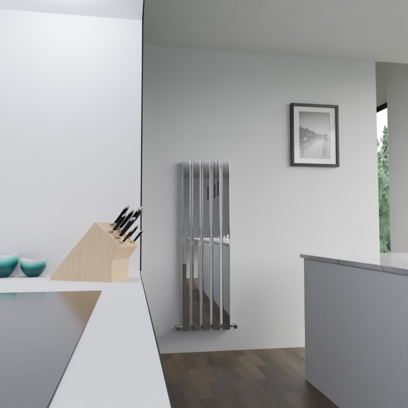 360mm (w) x 1250mm (h) Corwen Chrome Flat Panel Vertical Radiator - Insitu