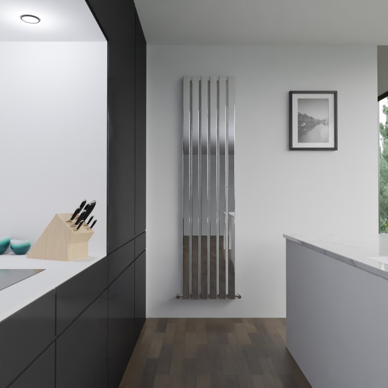 440mm (w) x 1850mm (h) Corwen Chrome Flat Panel Vertical Radiator - Insitu