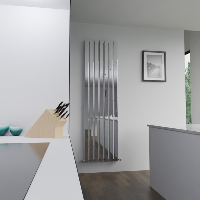 516mm (w) x 1850mm (h) Corwen Chrome Flat Panel Vertical Radiator - Insitu