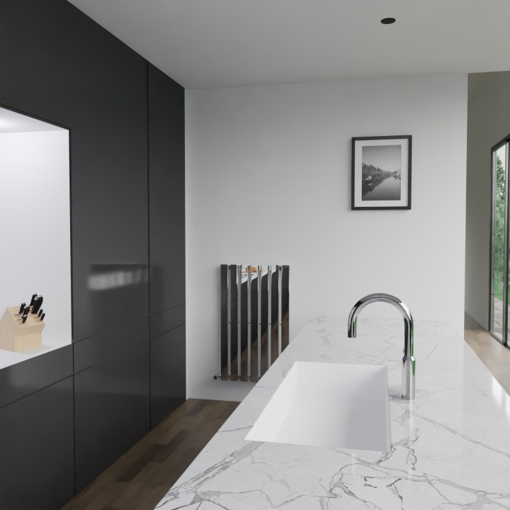 516mm (w) x 850mm (h) Corwen Chrome Flat Panel Vertical Radiator - Insitu