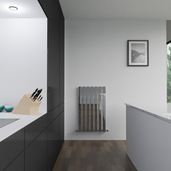 516mm (w) x 850mm (h) Corwen Chrome Flat Panel Vertical Radiator - Insitu