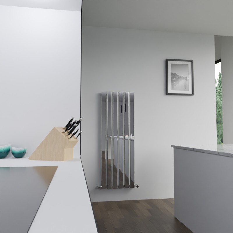 440mm (w) x 1250mm (h) Corwen Chrome Flat Panel Vertical Radiator - Insitu