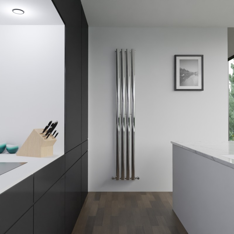 280mm W x 1800mm H Brecon vertical chrome radiator in modern kitchen