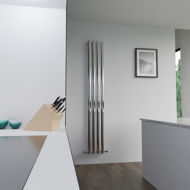 280mm W x 1800mm H Brecon vertical chrome radiator in modern kitchen