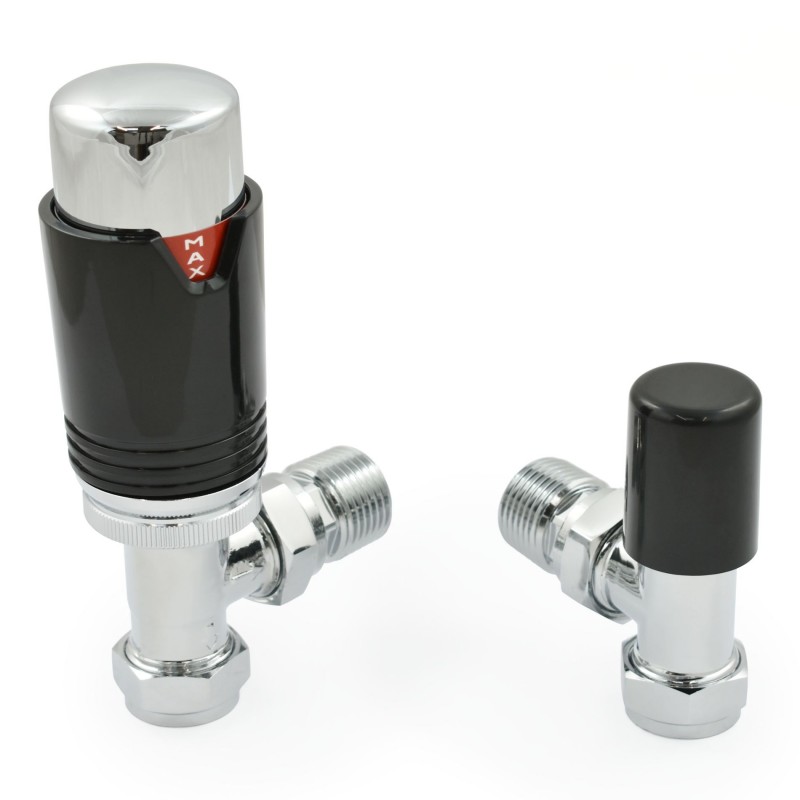 Modern Vee Designer Thermostatic Radiator Valves - Black Angled