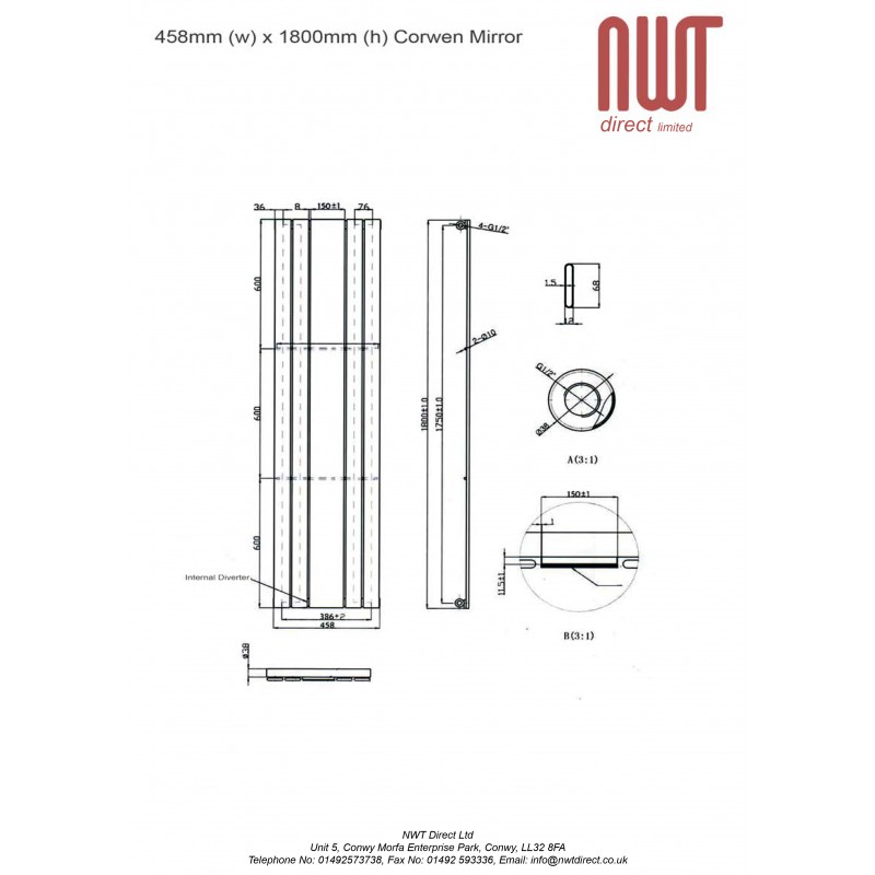 458mm (w) x 1800mm (h) Corwen Mirror Radiator - Technical Drawing
