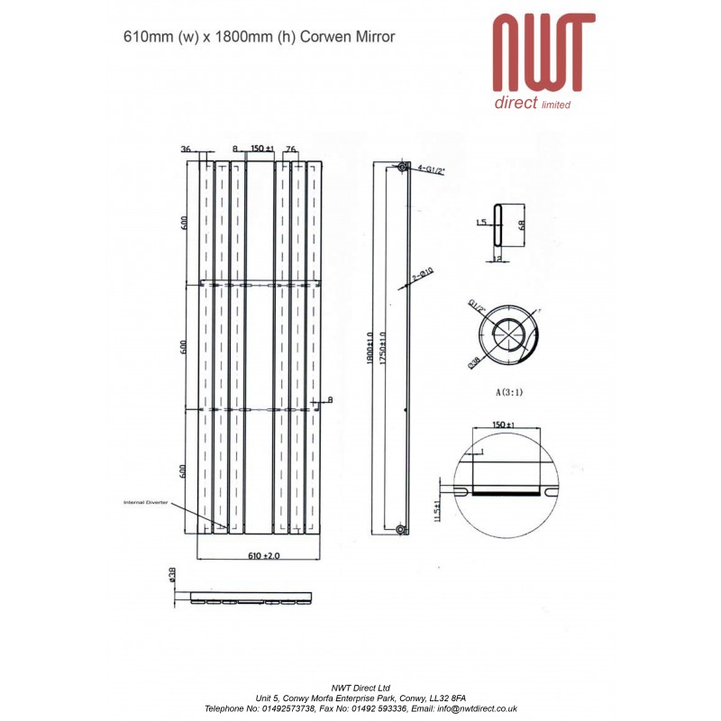 610mm (w) x 1800mm (h) Corwen Mirror Radiator - Technical Drawing