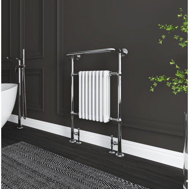 673mm (w) x 963mm (h) "Old Colwyn" Chrome & White Traditional Floor Standing Towel Rail Radiator - Insitu