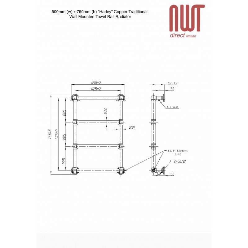 500mm (w) x 750mm (h) "Harley" Copper Traditional Wall Mounted Towel Rail Radiator - Technical Drawing