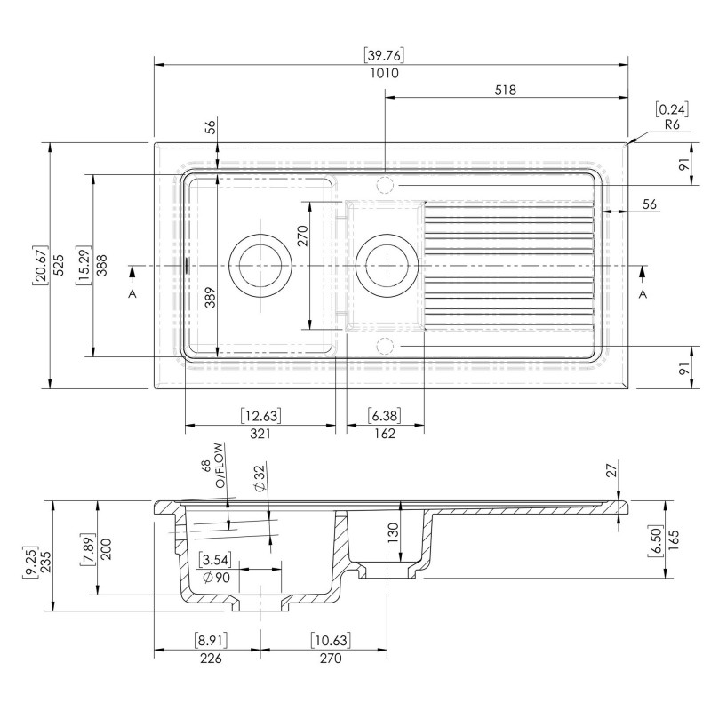 Fireclay Counter Top Sink 1.5 Bowl 1010 x 525mm - Technical Drawing