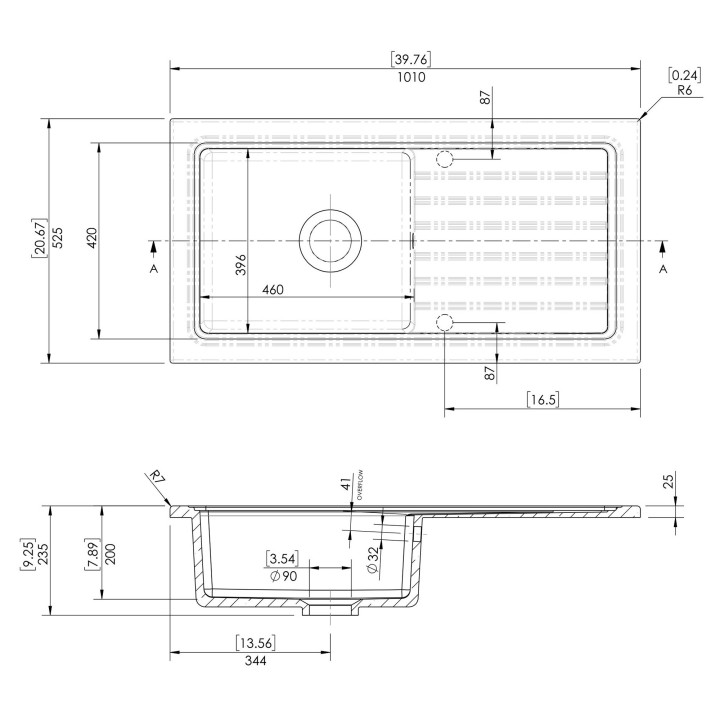 Fireclay Counter Top Sink Single Bowl 1010 x 525mm - Technical Drawing
