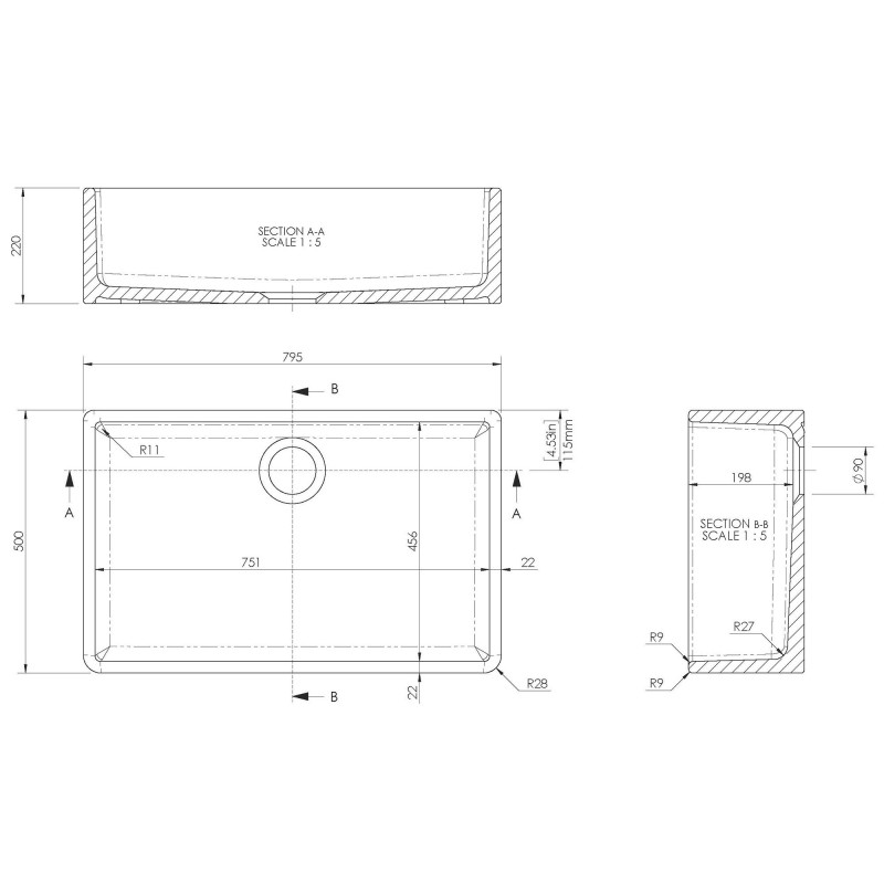 Fireclay Butler Sink 795 x 500 x 220mm - Technical Drawing