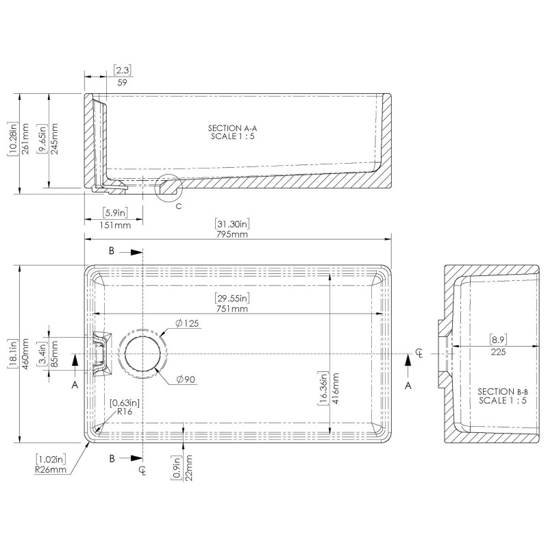 Fireclay Belfast Sink 795 x 460 x 245 90W - Technical Drawing