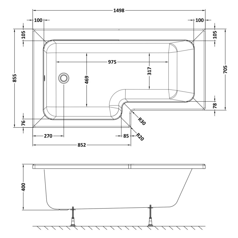 Square Shower Bath Left Handed 1500mm x 705/855mm - Technical Drawing