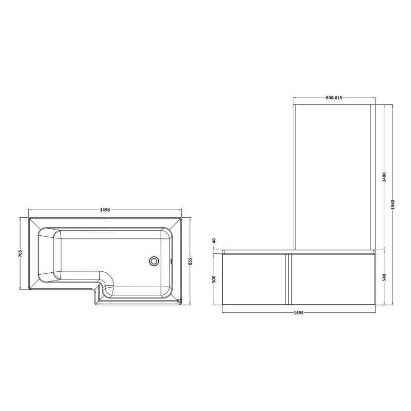 Square Shower Bath with Screen & Front Panel Right Handed Set 1500mm x 705/855mm - Technical Drawing